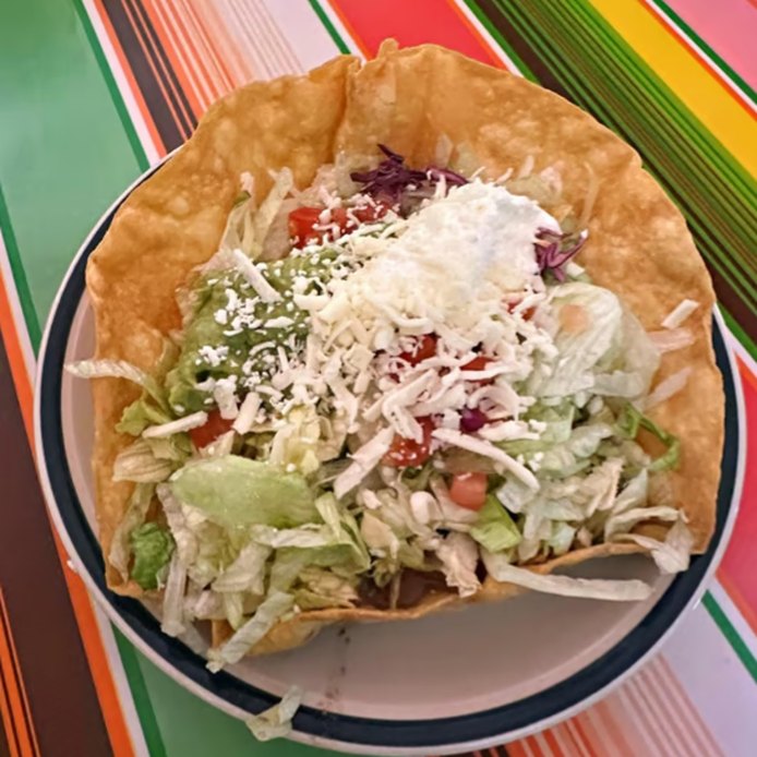 La Compuesta, a taco salad in a crispy flour shell