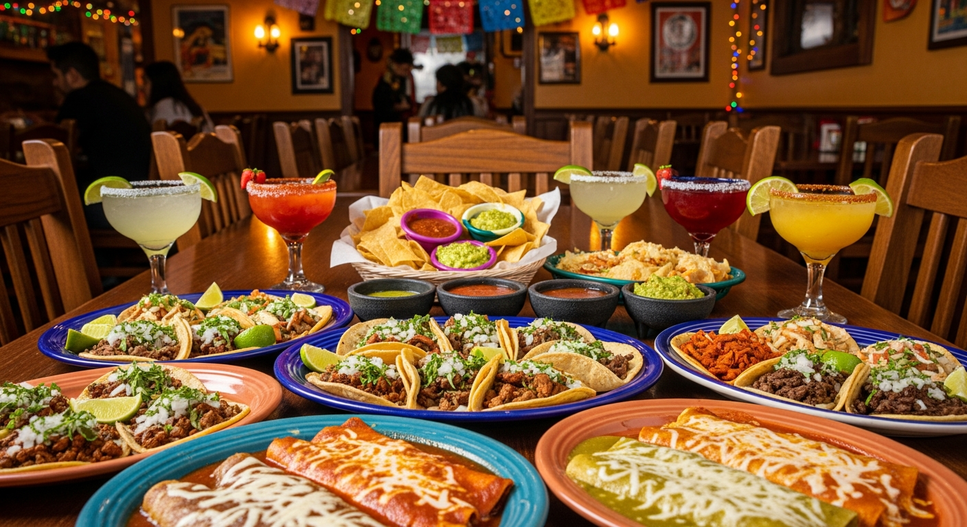 Warm, welcoming spread of Mexican food on a dining table